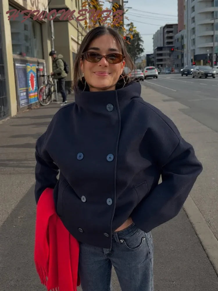 Solid Double Breasted Stand Collar Long Sleeve Overcoat for Women