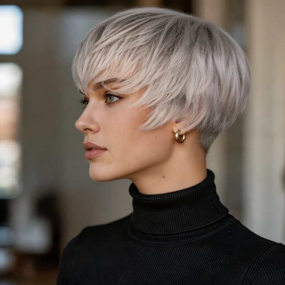 Grey Pixie Cut Human Hair Wig With Bangs For Women