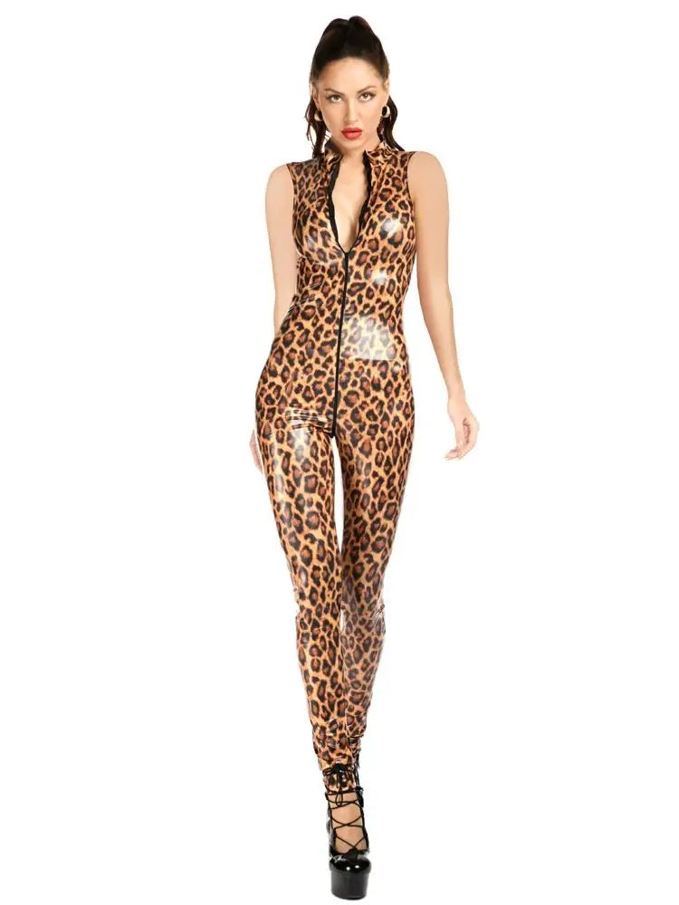 Shiny Leopard Print Sleeveless PU Catsuit for Women