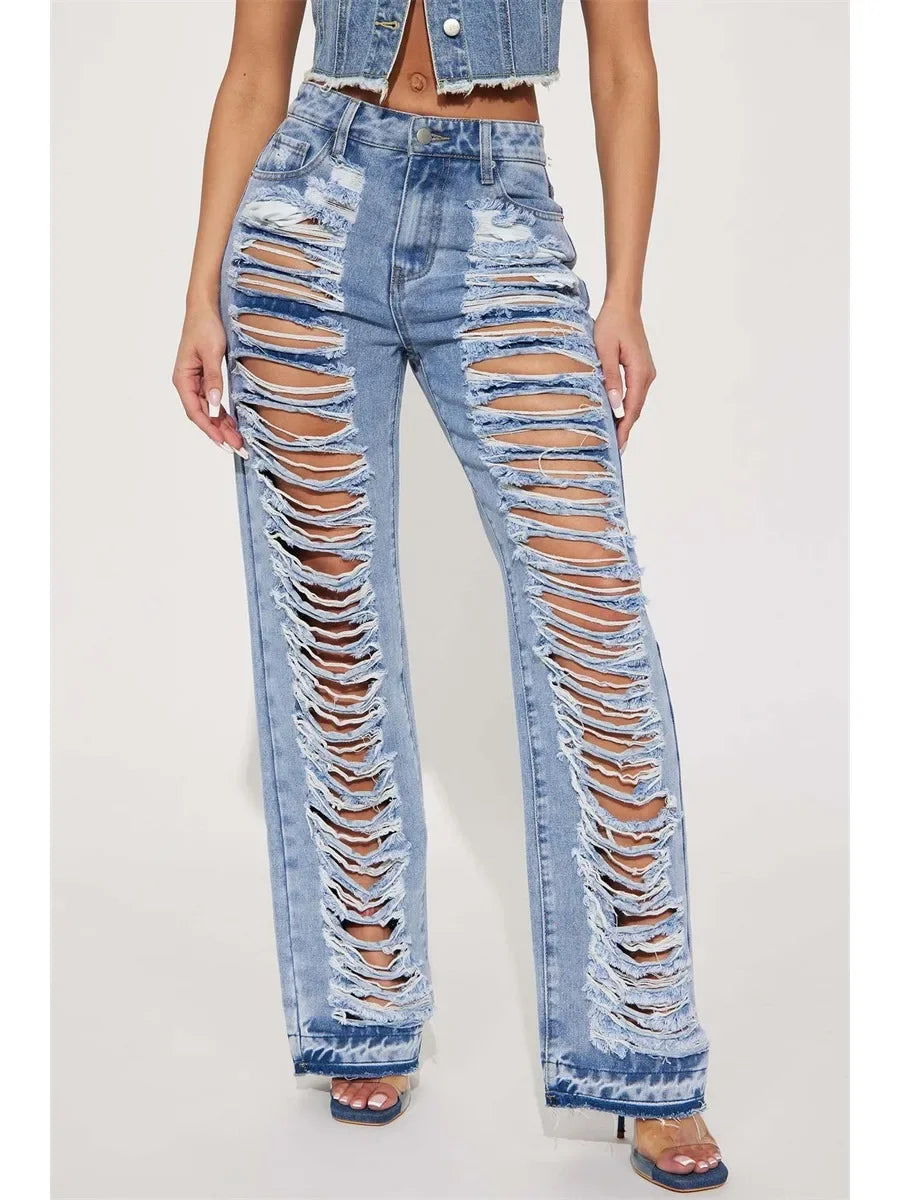 High Waist Ripped Straight Leg Summer Jeans for Women