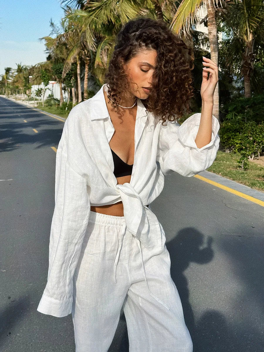 Casual Cotton Shirt and Elastic Waist Pants Set for Women