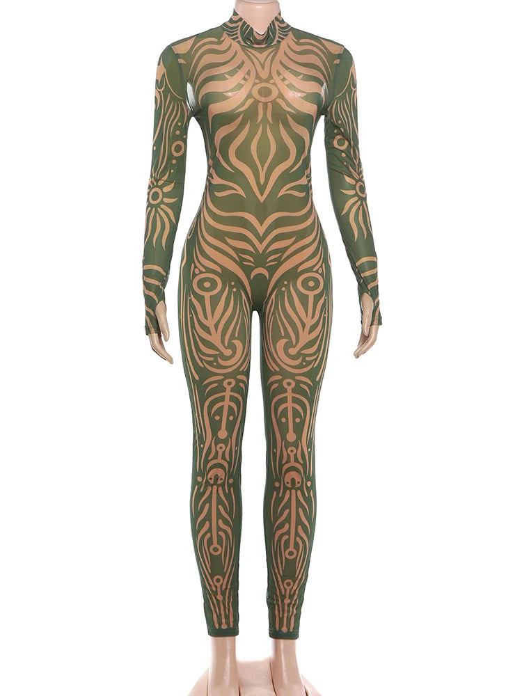Striped Stretch Turtleneck Long Sleeve Jumpsuit for Women