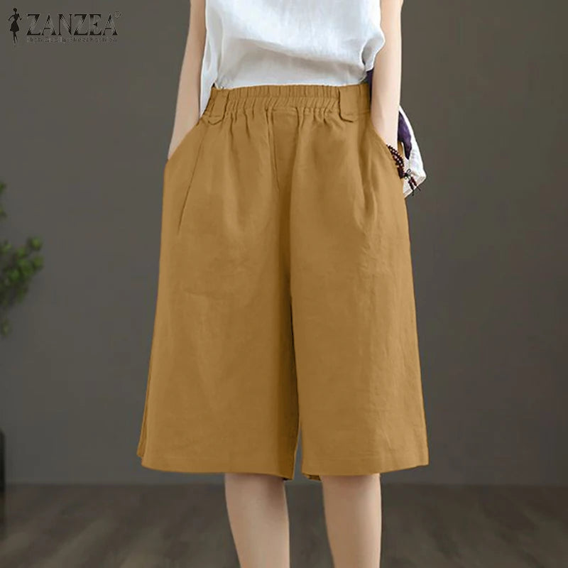 ZANZEA Woman Casual Mid-Length Shorts Elastic High Waist Loose Solid Wide Leg Pants 2025 Summer Holiday Comfort Weekend Shorts