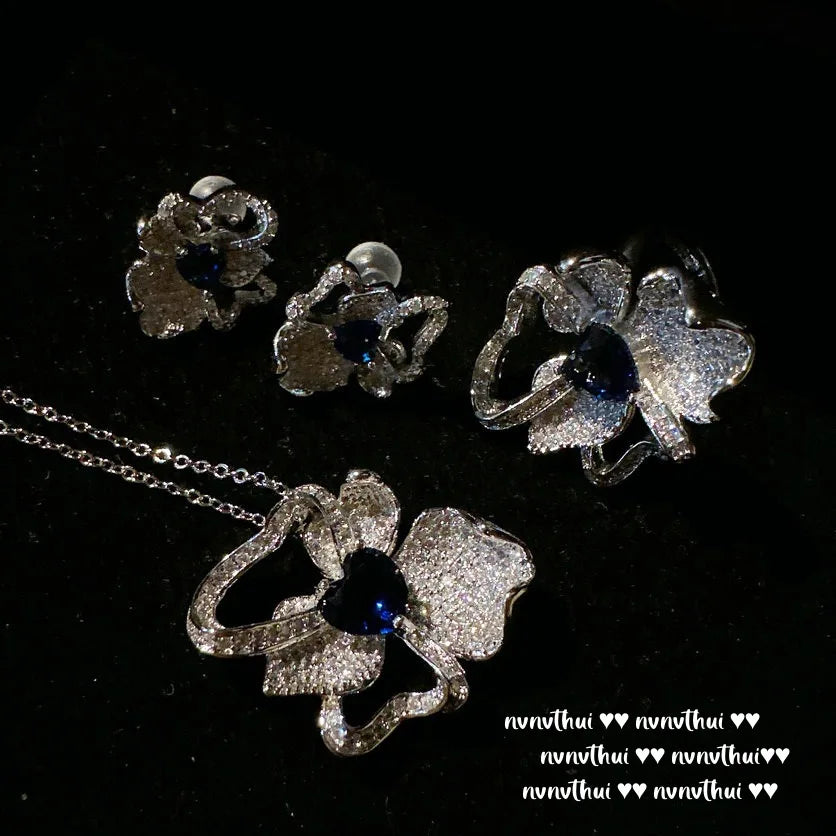 925 Silver Carved Flower Cubic Zirconia Jewelry Set for Women