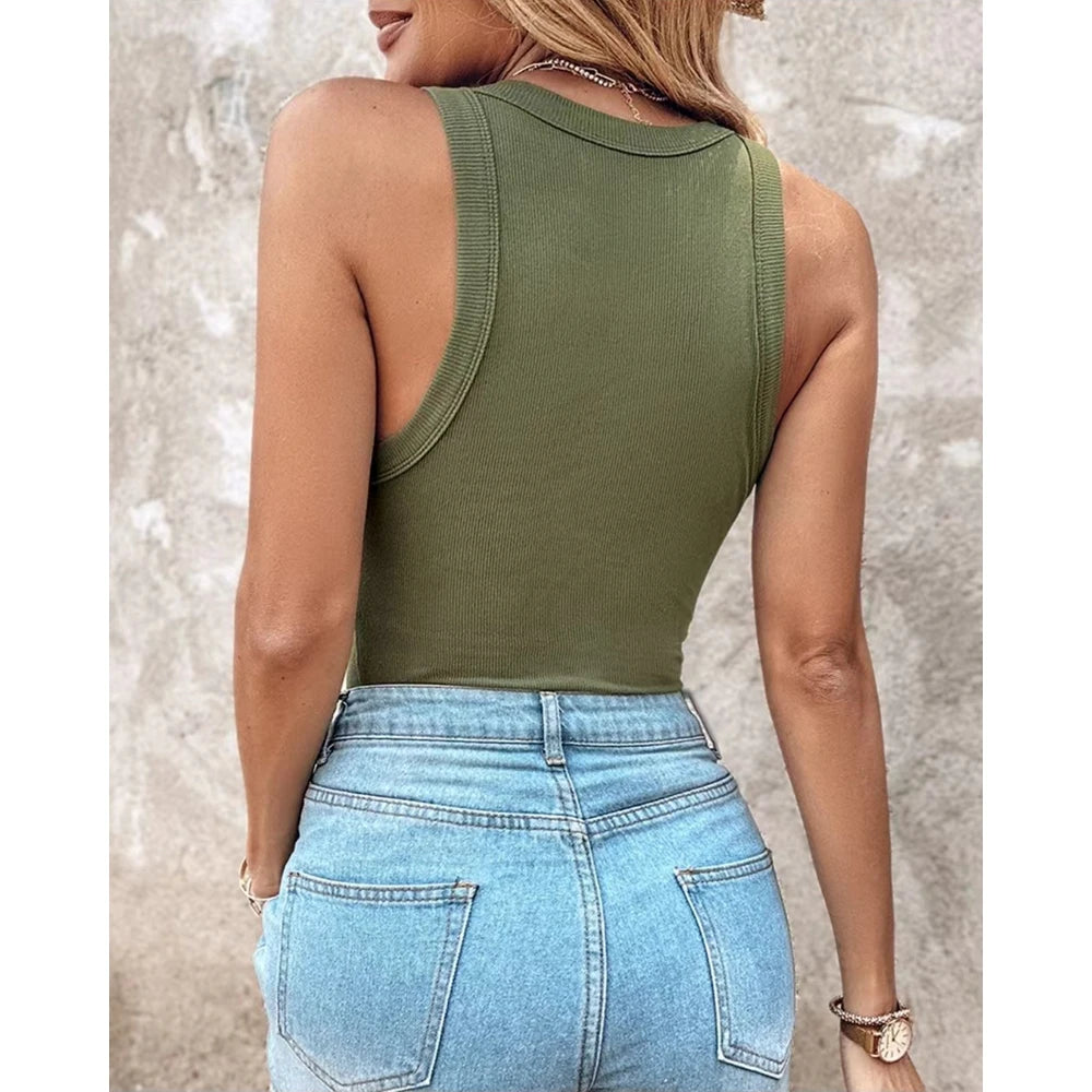 New Style Summer Round Neck Ribbed Tank Top With Bra Pads Fashion Sexy Femme Casual Sleeveless Top Solid T Shirt Streetwear