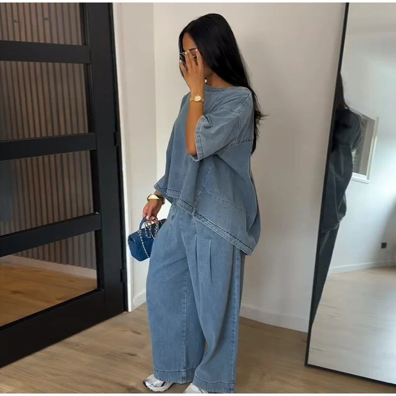 Oversized O Neck Casual Denim Two Piece Set for Women