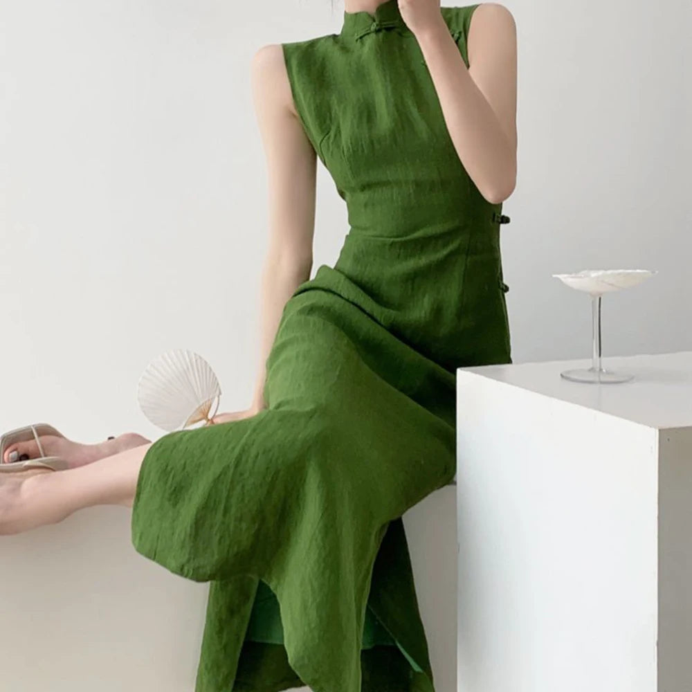 Moss Green Retro Chinese Style Cheongsam Dress for Women