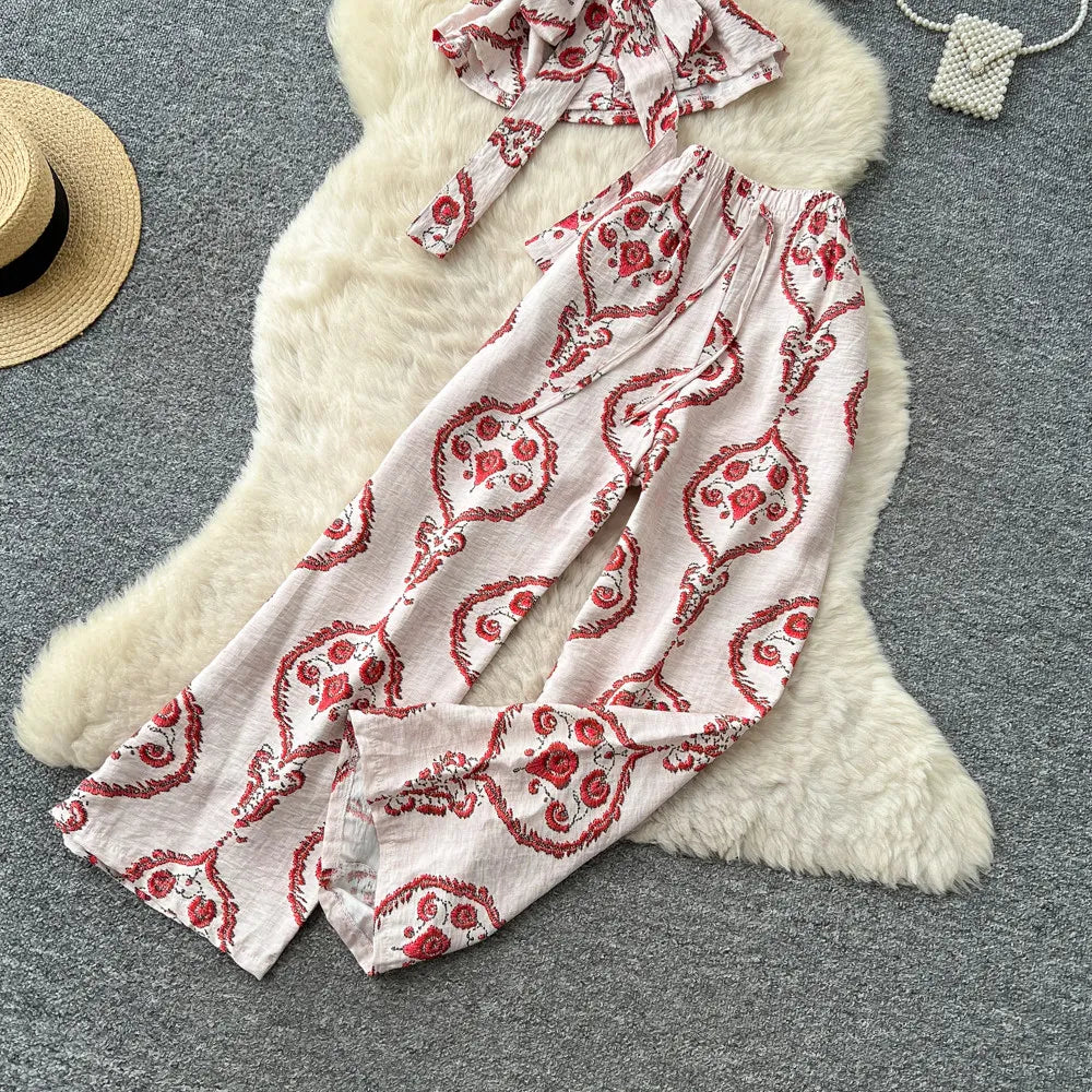 Boho Print Lace-Up Tank Top and Wide-Leg Pants Set for Women
