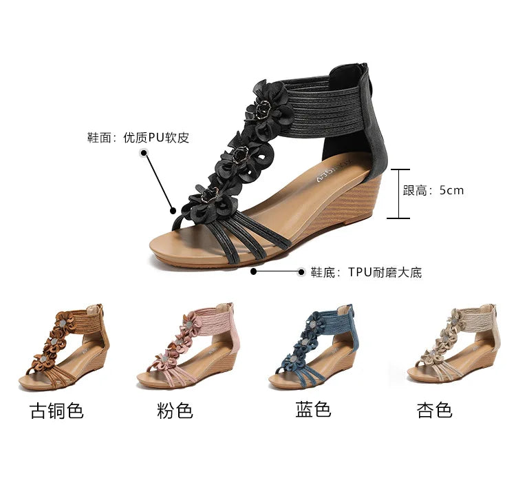 Bohemian Floral Vintage Leather Wedge Sandals for Women
