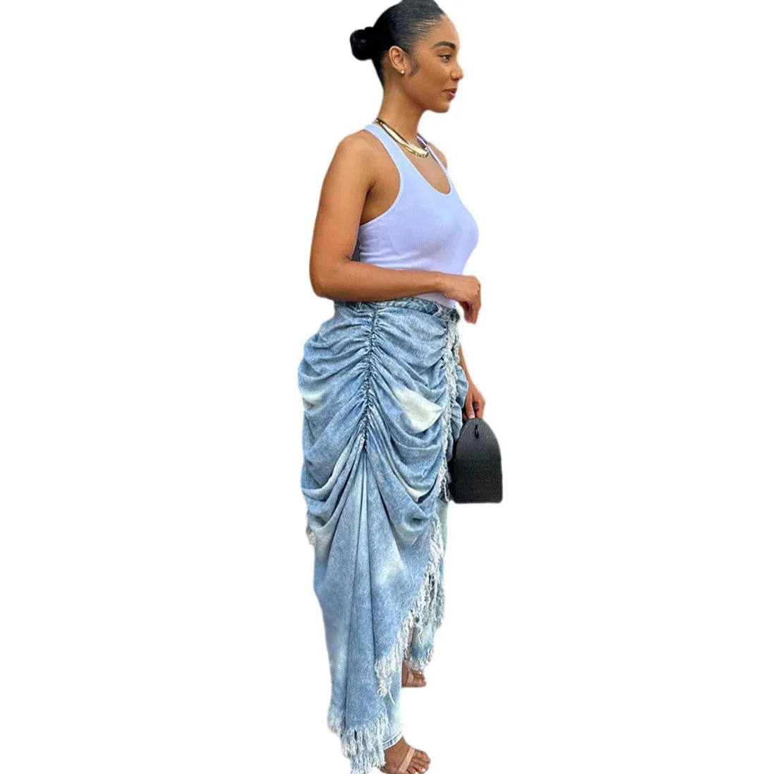 Washed Patchwork Denim Straight Pleated Pants For Women