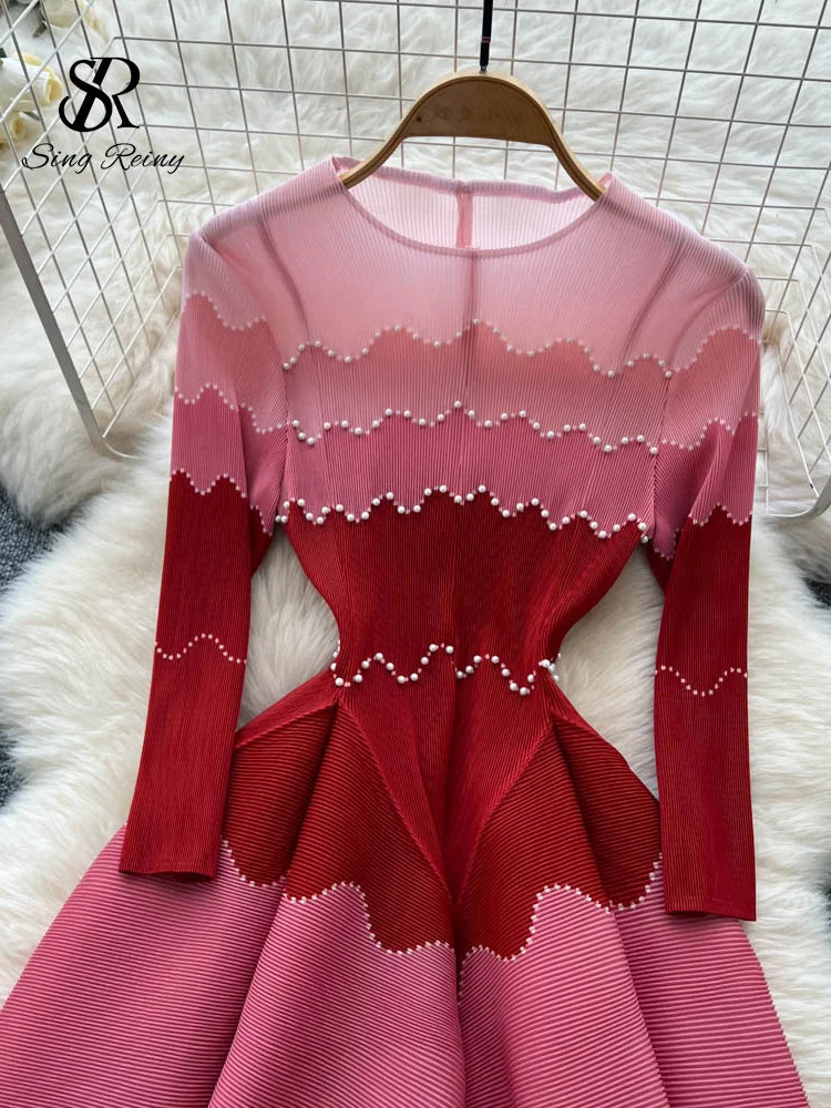 Wave Print Long Sleeve Ankle Length Evening Dress for Women