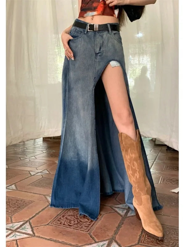Gradient Wash High Waist Split Denim Long Skirt for Women