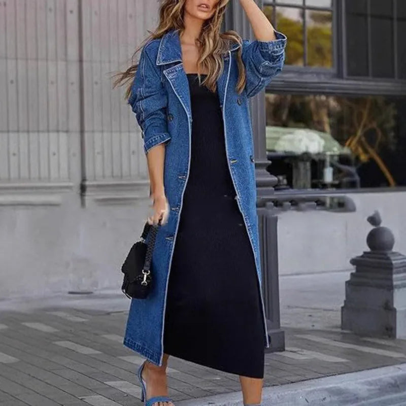 ANJY Autumn Winter New Women Fashion Elegant Denim Trench Coat Ins Streetwear Turn-Down Collar Lace-Up Button Long Jacket A13025