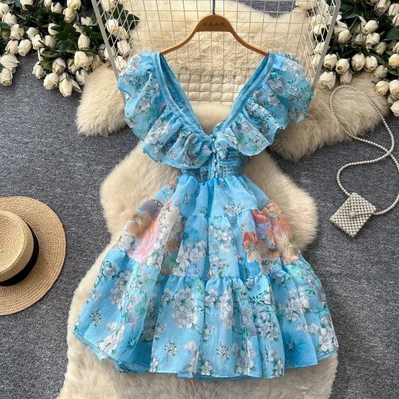 Boho Summer Floral Ruffle Cutout Mini Dress for Women