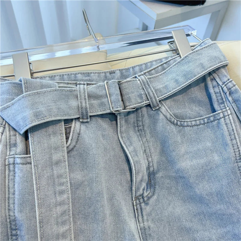 Fashion High Waist  Belt Jeans for Womrn Korean Versatile Loose Light Blue Denim Pants Retro Design Sense Wide Leg Trousers
