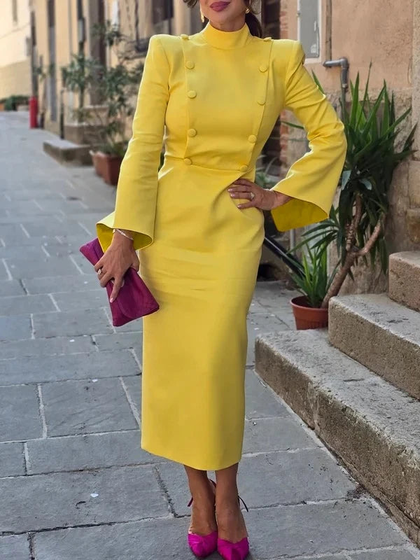 Yeezzi Urban Female Stand Collar Formal Office Dress 2025 New Spring Flared Sleeves Fashion Buttoned High Waisted Midi Dresses