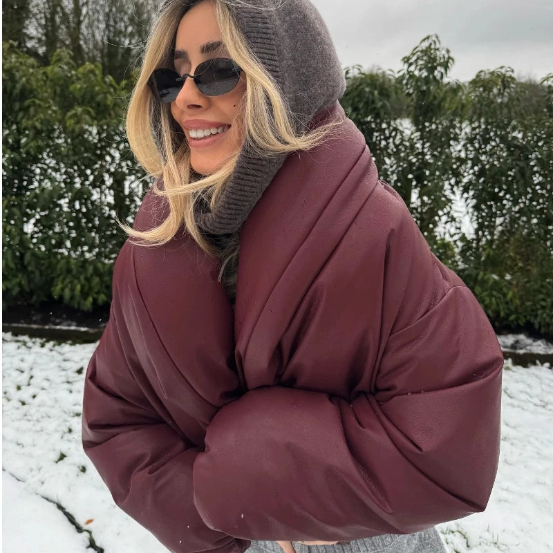 PU Leather Women's Cotton Coat Vintage Laple Full Sleeve Thicken Pockets Female Parka Jackets 2025 Autumn Winter Lady Streetwear