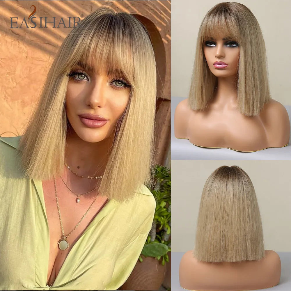 Light Blonde Bob Wig With Bangs for Women Heat Resistant