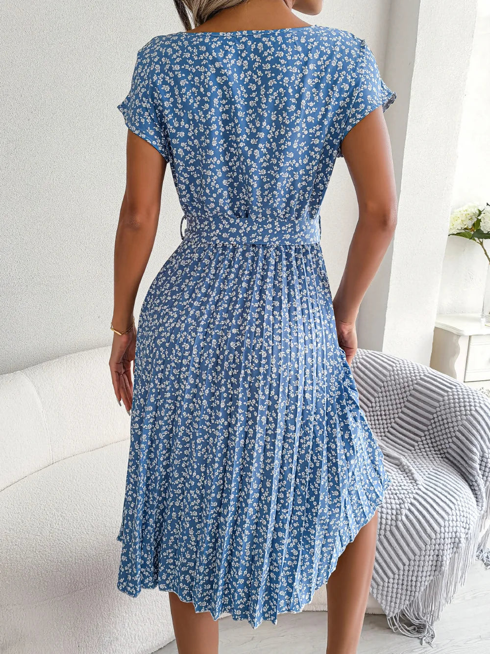 Chic Casual Pleated Short Sleeve Midi Dress for Women