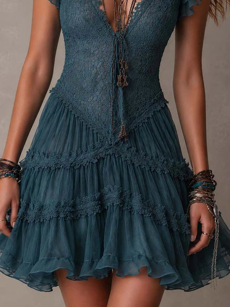 Elegant Lace Patchwork Deep V Neck Mini Dress for Women