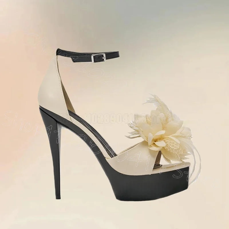 White Mesh Appliques Open Toe Platform Sandals for Women