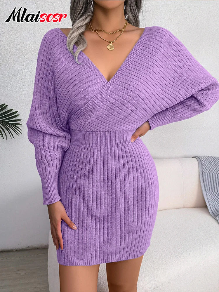 Mlaiscsr Women's V-neck Long Bat Sleeve Backless Knit Sweater Mini Dress Elegant Autumn Evening Birthday Party Winter Vestidos