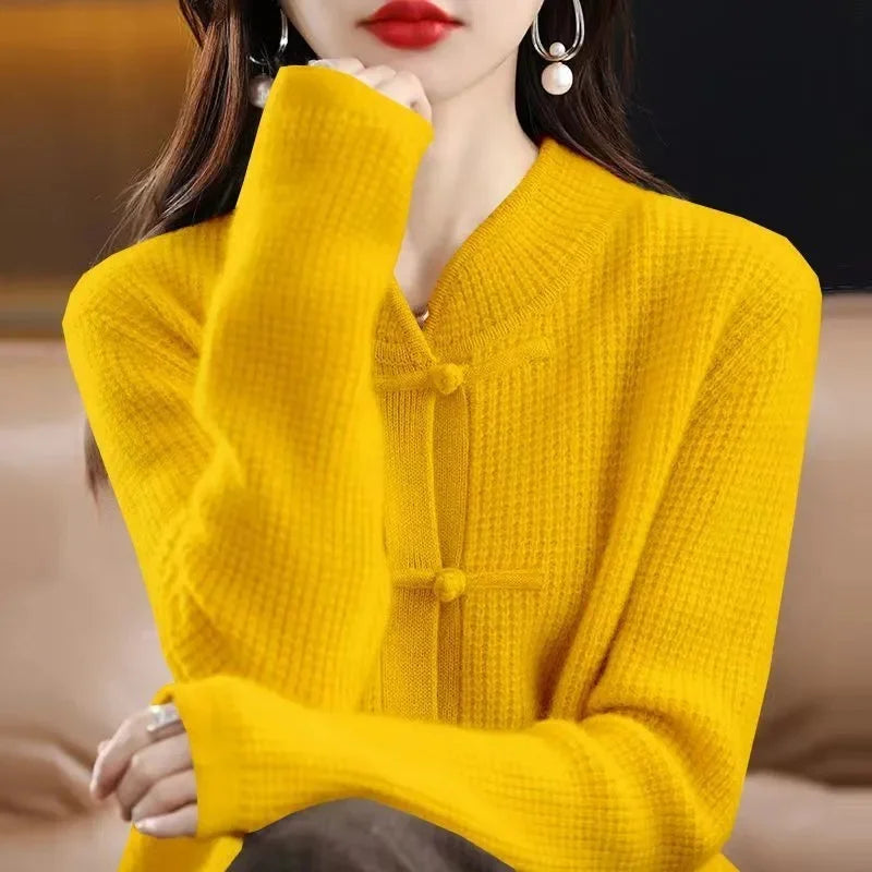 Vintage Knitted Cardigan Women's Thickened Half High Collar frog Loose Slim Sweater Coat Chinese Style Top Autumn And Winter N
