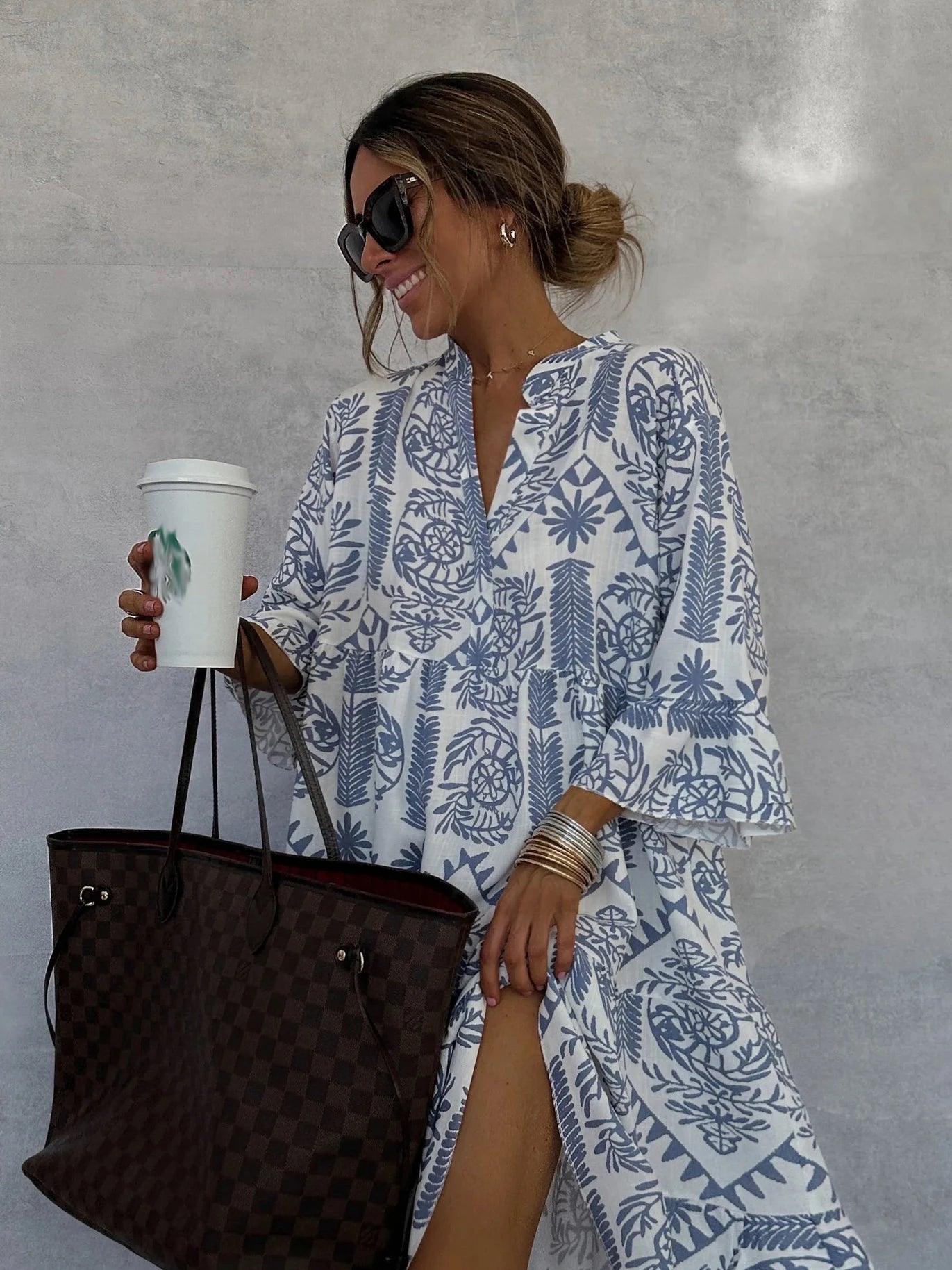 Casual Bohemian Print With V Neck Slit Dresses for Women
