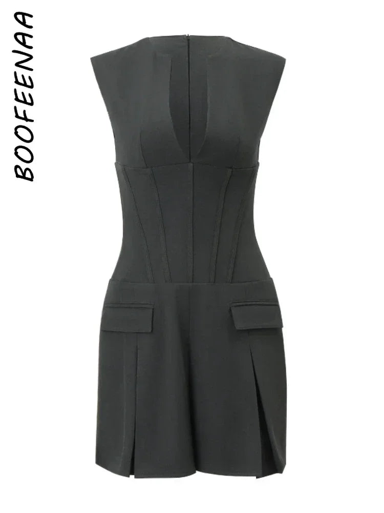 Dress With Deep V Neckline Sleeveless Mini Gray Corset Clubwear Flattering Silhouette Vintage