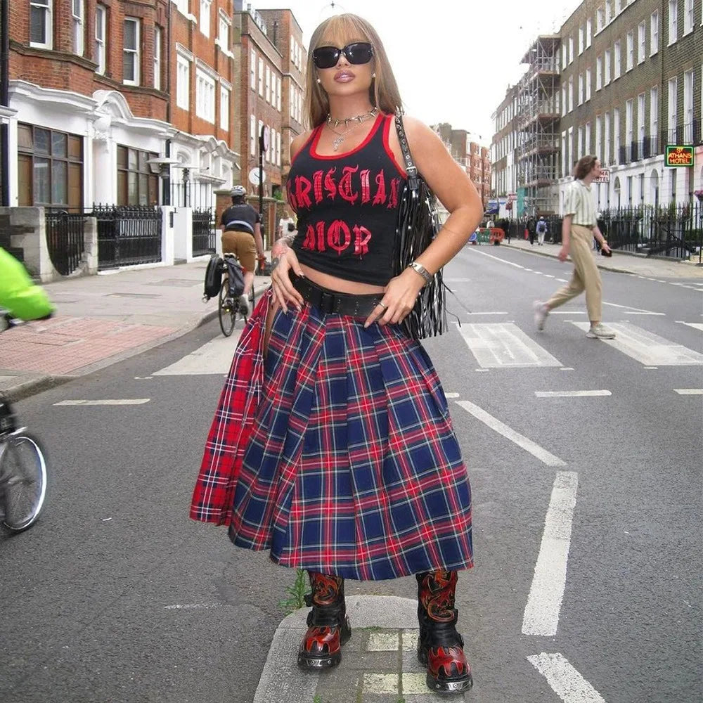 FAGADOER Fashion Streetwear Women High Waisted Plaid Splicing Print Side Slit Mid Skirts Casual Female Y2K Matching Bottoms 2023
