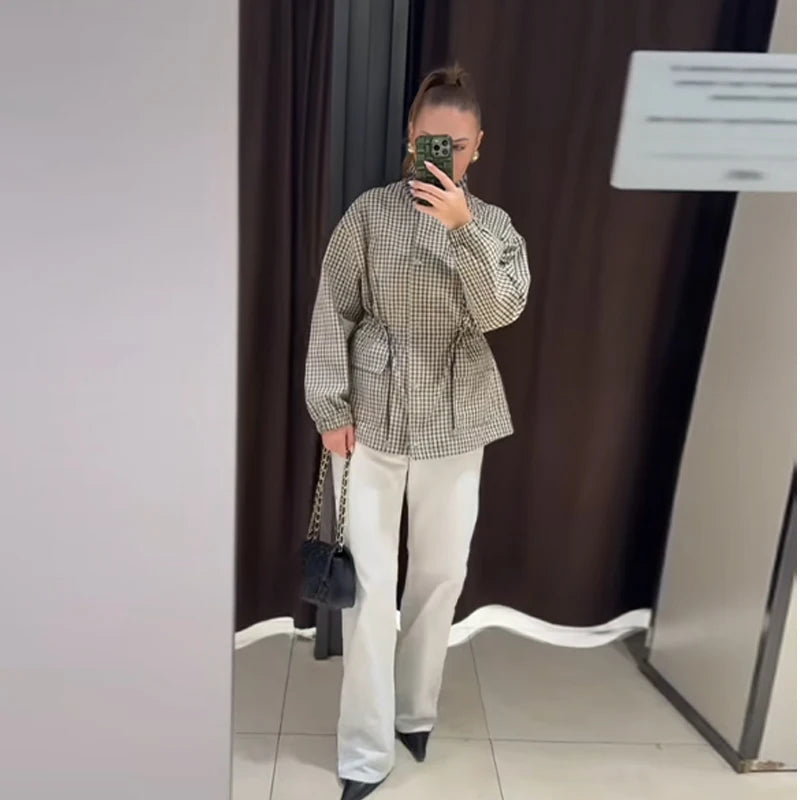 Grid Pattern Stand Collar Long Sleeve Coat for Women