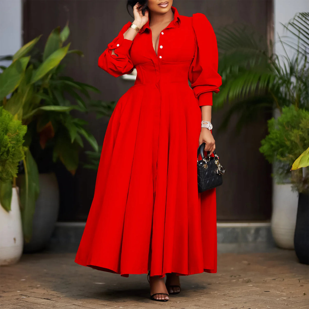 Plus Size V-Neck Long Sleeve Ankle-Length Dress for Women