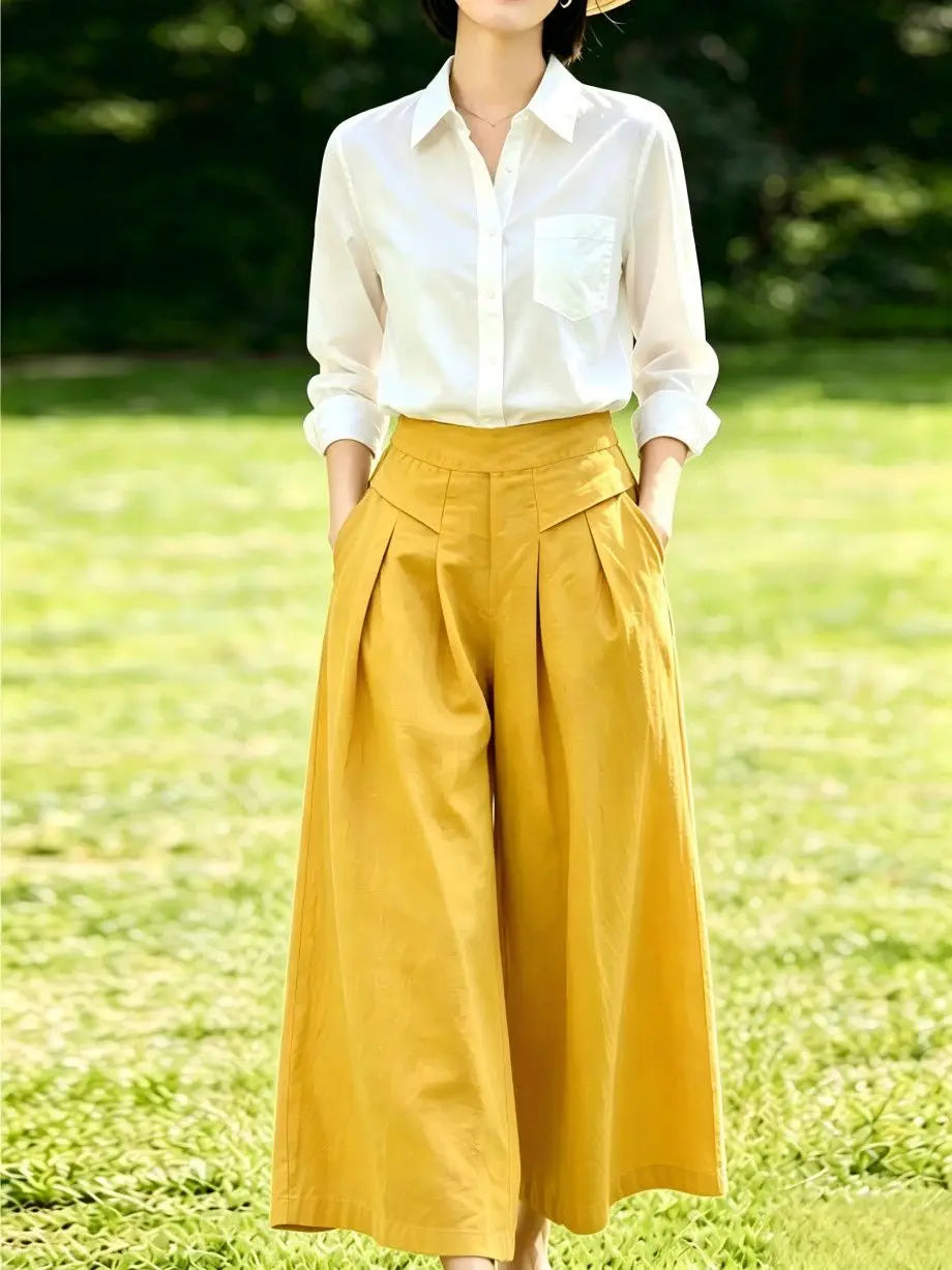 High-Waisted Cotton Linen Wide-Leg Culottes for Women
