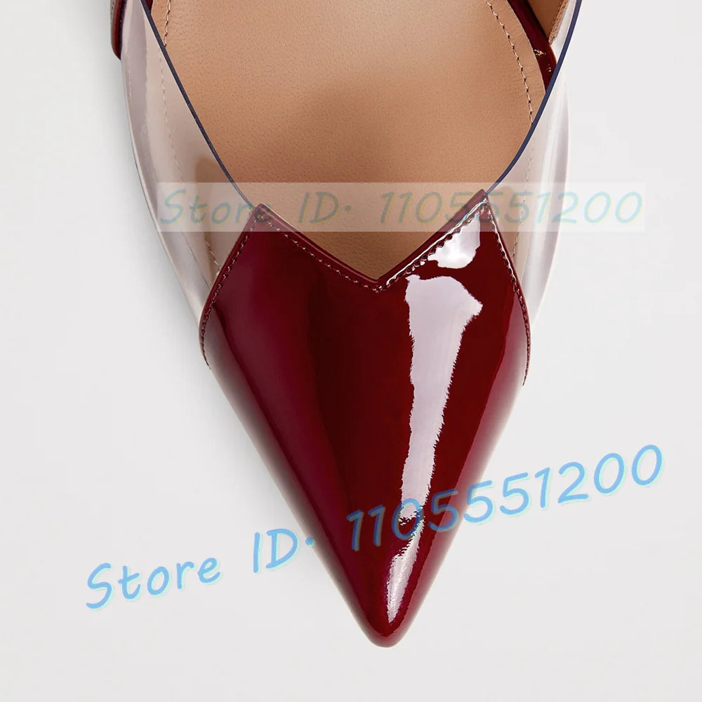 Burgundy Leather Clear PVC Stiletto Sandals for Women