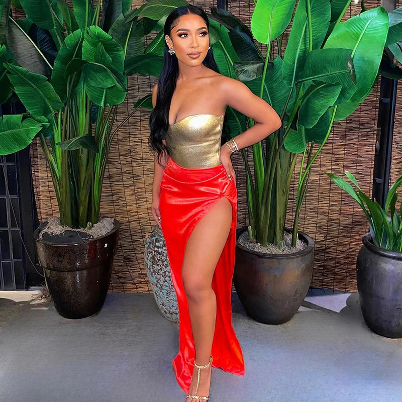 Cryptographic Fashion Vintage Strapless Gold Crop Tops Party Club Outfits for Women Tube Vest Sexy Backless Bustier Tops Y2K