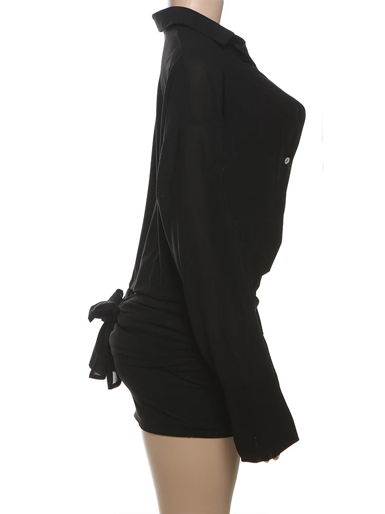 Cutenew Solid Classic Women Blouse Dress Sexy Thin See Through Full Sleeve Lapel Single Breasted Pleated Mini Vestido Streetwear