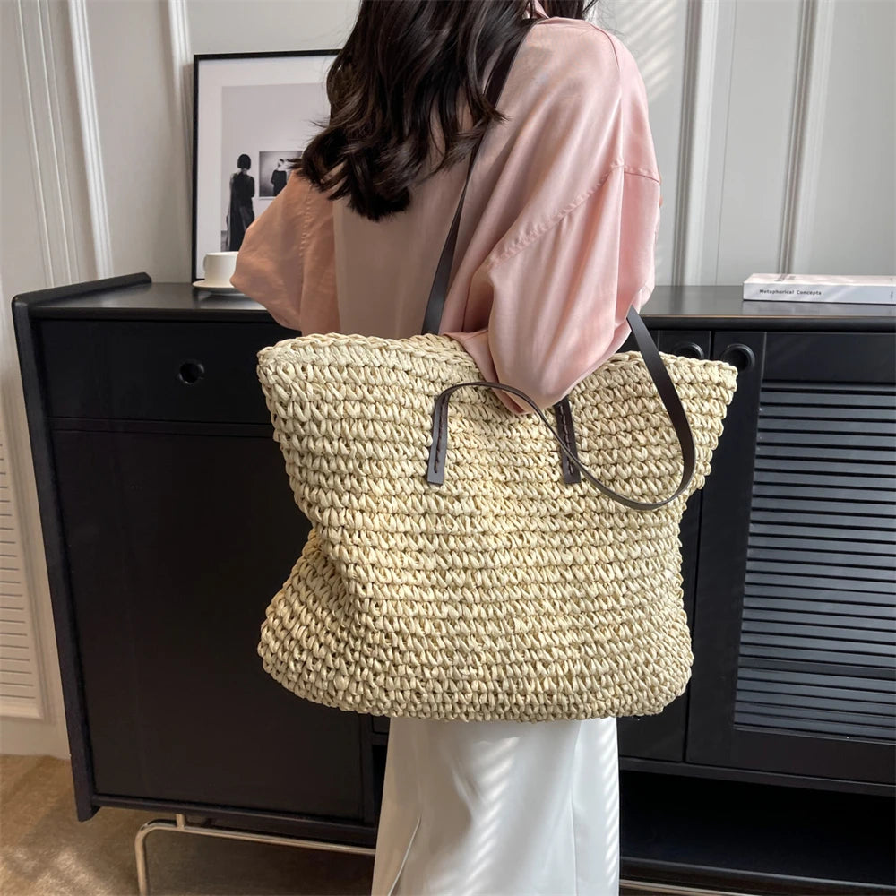Large Capacity Straw Woven Shoulder Tote Bag for Women