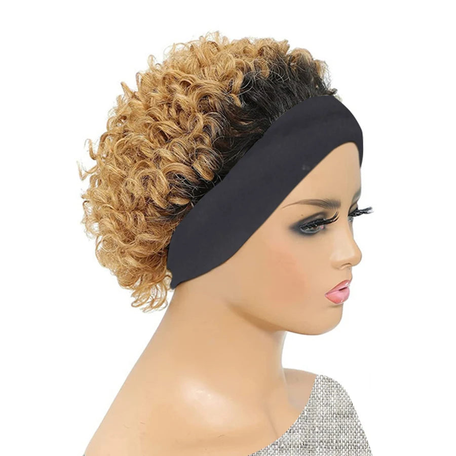 Short Curly Kinky Headband Human Hair Bob Wig for Women
