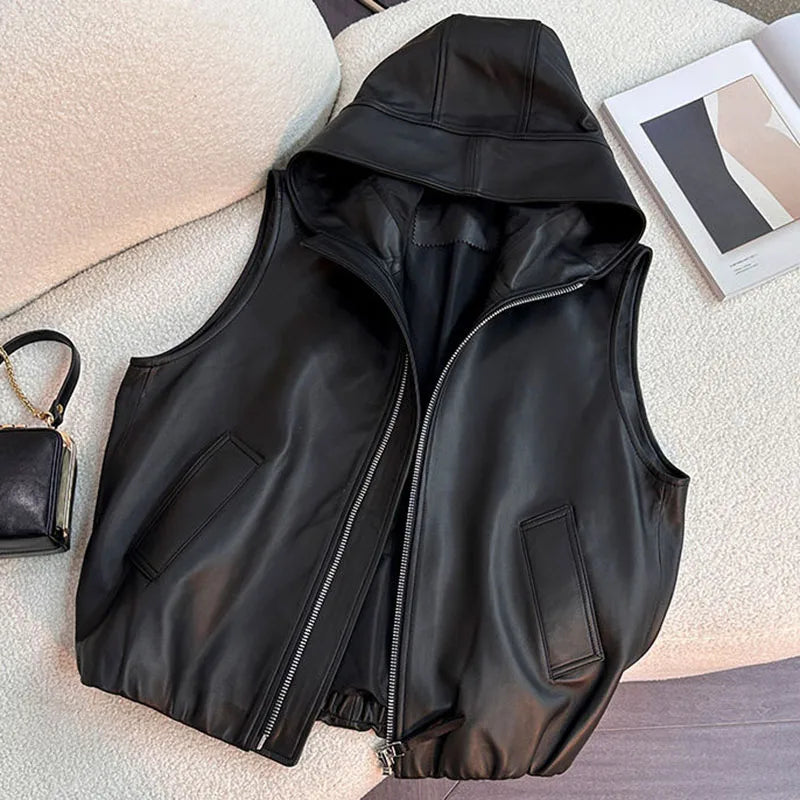 Elegant Lightweight Hooded Faux Leather Vest for Women