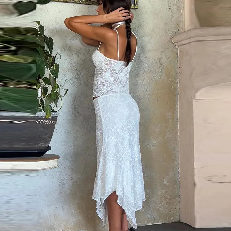 Elegant Chic Two Piece Lace Top and Skirt Set for Women