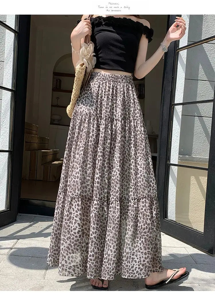 Vintage Leopard Print Tiered Maxi Skirt For Women