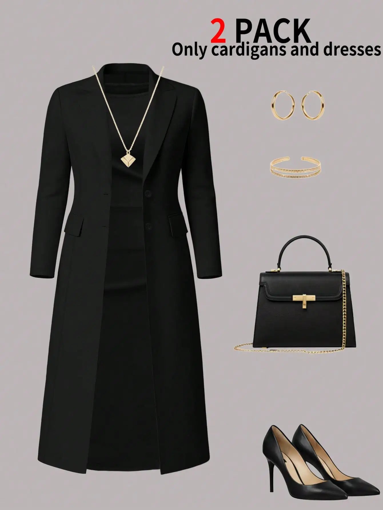 Women's New Autumn and Winter Elegant Set: Solid Color Long-Sleeved Open-Front Blouse, Long Coat + Versatile Fitting Mid-Length Sleeveless Buttoned Dress Two-Piece Set
