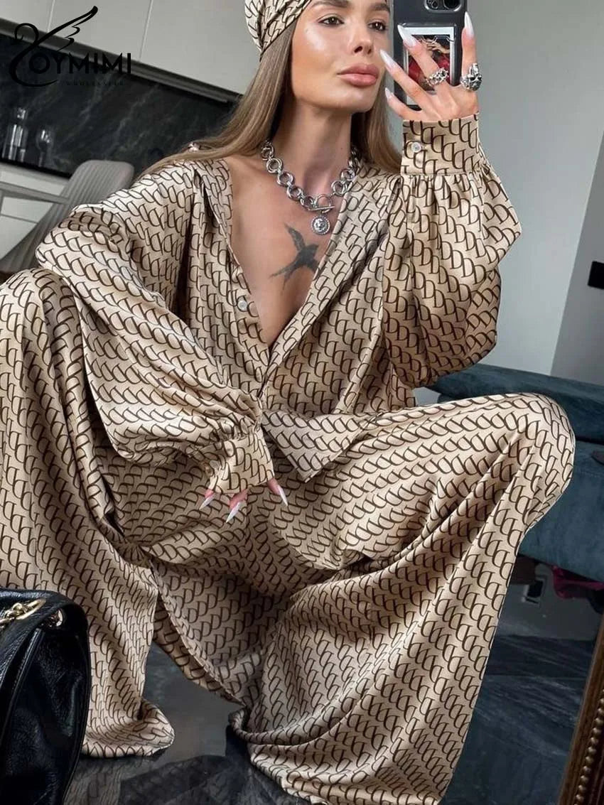 Oymimi Fashion Black Print Womens 2 Piece Outfit Set Elegant Lapel Long Sleeve Shirts And High Waisted Lopse Straight Pants Sets