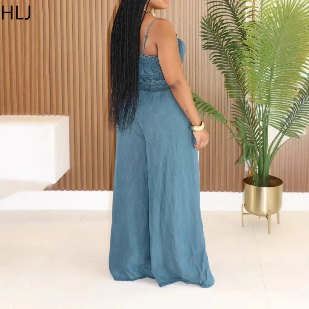 Ruched Spaghetti Strap Denim Two Piece Set for Women