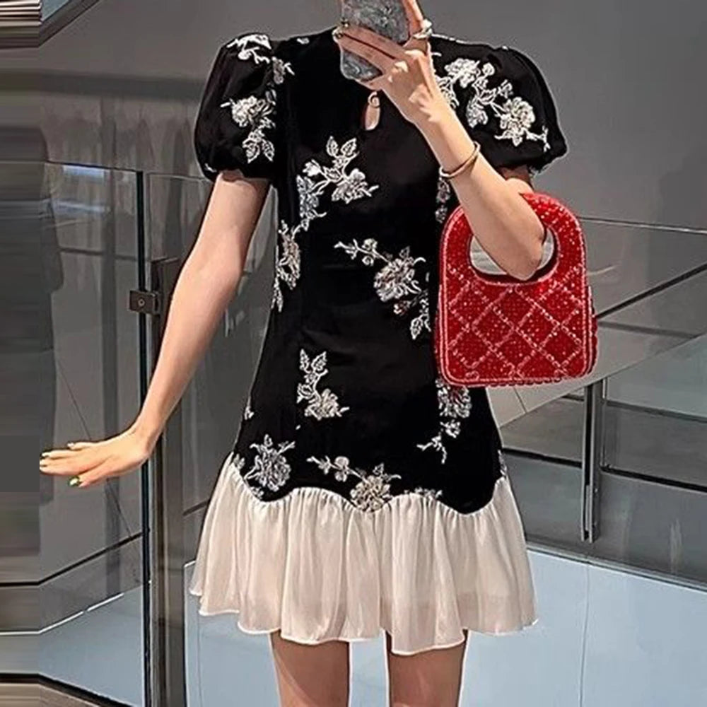 Slim Sequin Embroidery Chinese Style Splice Dress for Women