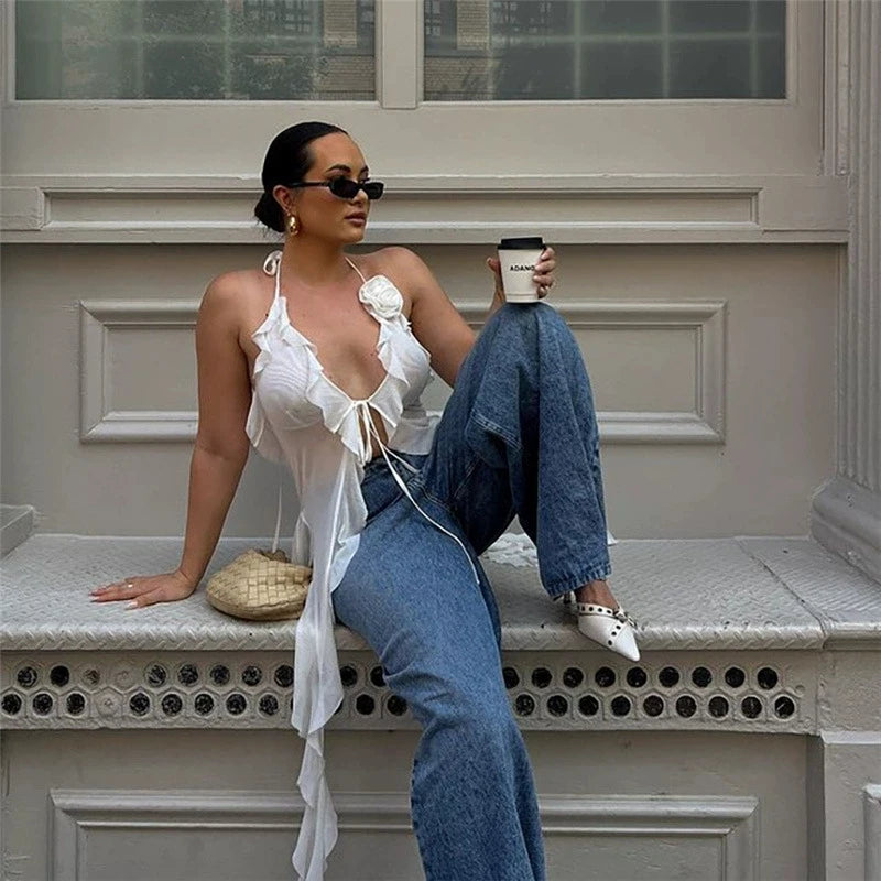 Y2K Sheer Mesh Spaghetti Strap Camisole Top White Ruffle Fringe Halter Tops Coquette Fairy Core Clothes 2024 Fashion