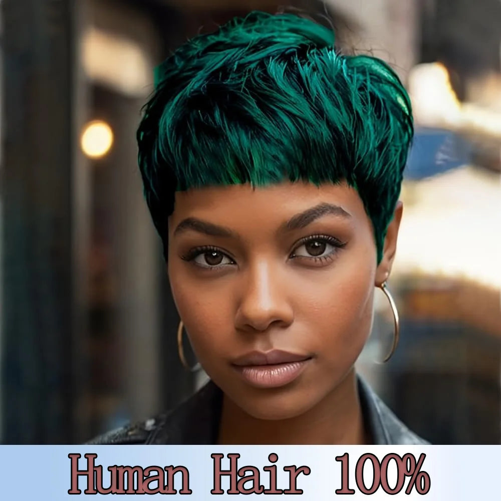 Green Straight Layered High Density Pixie Wig For Women