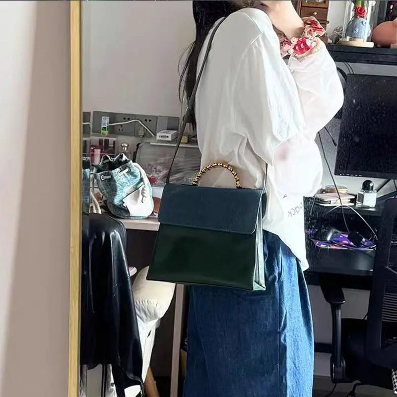 Brand Designer Small Square Bag Elegant Blue Green Stitching Fashion Trend Personality Texture Shoulder Bag Pu Leather Handbag