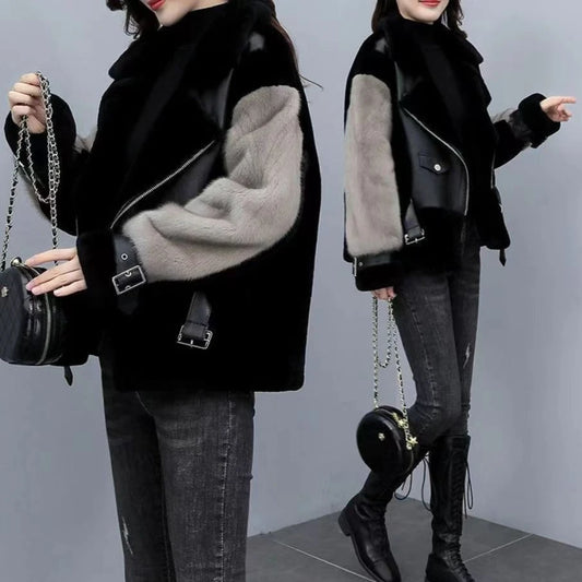 Women Coat Faux Fur Coats Biker Jackets Belt Pocket Turn Down Collar Long Sleeves Zipper Fly Loose Streetwear 2025 Autumn Winter