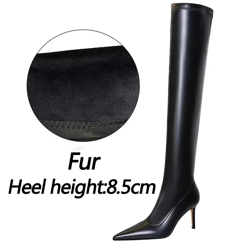 Black Leather Stiletto Over The Knee Boots for Women